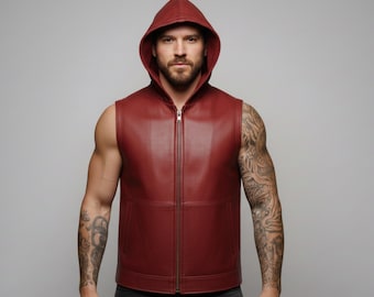 Handgemaakt rood leren bikerbodywarmer met capuchon, echte schapenvacht bikerbodywarmer