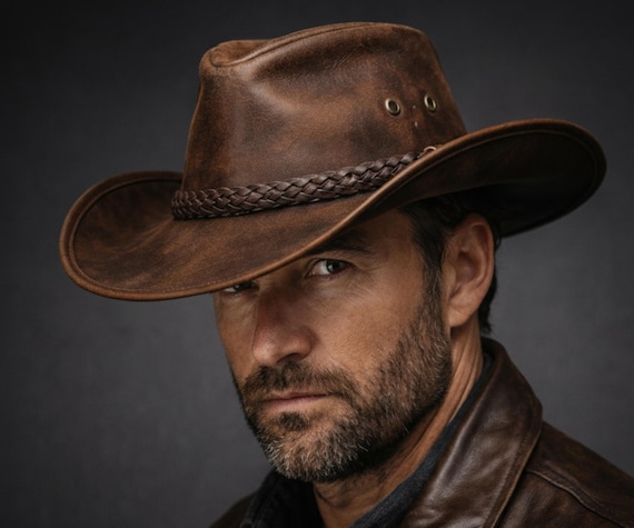 Men’s Brown Leather Cowboy Hat – Western Outback Wide Brim Hat
