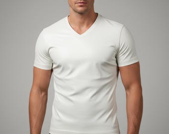 Wit leren herenshirt met V-hals – slim-fit clubweartop met korte mouwen