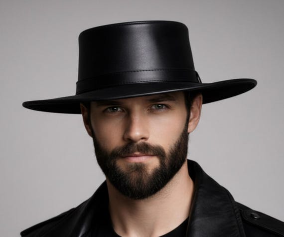 Men's Handmade Black Leather Fedora Hat | Wide-Brim Classic Hat