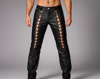Zwarte leren veterbroek heren – veterbroek aan de voorkant, slimfit biker-gotische stijl