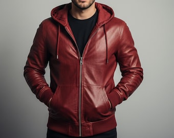 Handgemaakte rode leren hoodie heren – jack met rits
