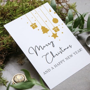 Tarjeta de Navidad, adornos de árbol y regalos, varios tamaños, descarga digital instantánea, vacaciones, plantilla de guía fácil, lindo diseño simple moderno