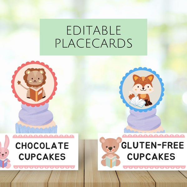 Editable Place Cards for Food or Buffet Table or Seating Chart in Business Card Sizes, Personalized Reading Animals Themed Birthday Parties