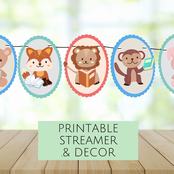 Afdrukbare lezing dieren Garland Streamer sjabloon voor boeken thema, Kids Birthday Party Banner decoratie, online instant digitale download