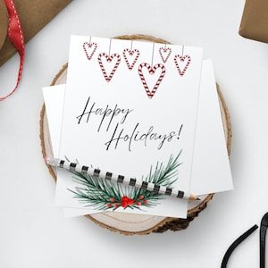 Cartão de Natal de boas festas, vários tamanhos, modelo de bastão de doces de coração, download digital instantâneo, guia fácil, design de visco de corações fofos