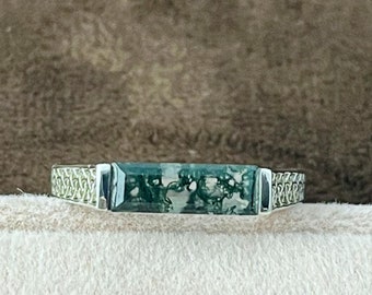 Natürlicher Moosachat Stabring, Rechteckstabring, Baguetteschliff Moosachat 925 Sterlingsilberring, Handgemachter Ehering, Jubiläumsring