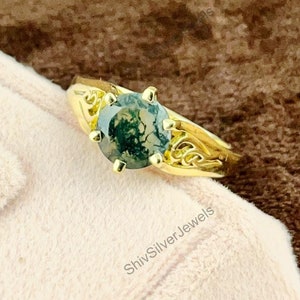 Natural Moss Agate Ring, 18k Gold Vermeil 925 Sterling Silver Ring, Handmade Ring Everyday Ring, Wedding Ring, Anniversary Ring Gift For Her