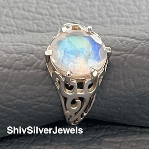 Rainbow Moonstone Sterling Silver Ring - Boho Statement Jewelry