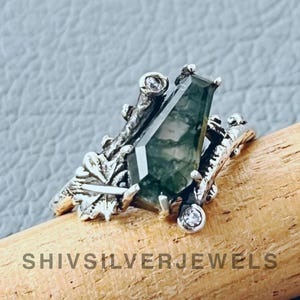 Unique Coffin Shaped Leaves Ring, Natural Moss Agate, 925 Sterling Silver Ring, Nature Inspired Ring, Engagement Anniversary Gift For Her