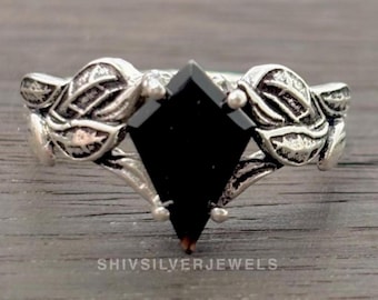 Dainty Leaves Kite Black Onyx Ring, 925 Sterling Silver Celestial Wedding Promise Gift Rings