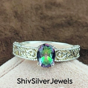 Mystic Topaz Sterling Silver Ring: Art Deco Engagement Ring