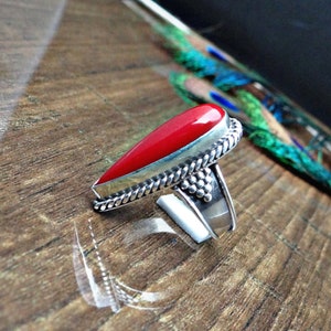 Natural Red Coral Ring, 925 Sterling Silver Boho Ring Coral Silver Ring, Statement Ring For Women coral Jewelry gift for her