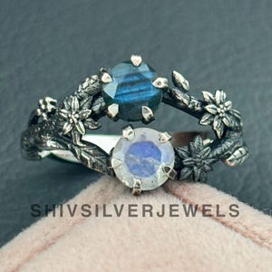 Moonstone & Labradorite Silver Flower Ring, 925 Sterling Silver Rings, Wedding Ring, Handmade Ring, Tree Branches Ring, Dainty Gift For Her