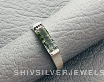 Natural Moss Agate Bar Ring, Dainty 925 Sterling Silver, Boho Handmade Ring Gift