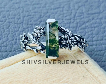 Moss Agate Ring: Sterling Silver Long Bar, Nature Inspired Leaves Jewelry