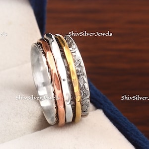 Anxiety Three Tone Hammered Fidget Spinner Ring,925 Sterling Silver Spinner Ring, Worry Ring, Narrow Band Spinner Ring, Meditation Gift Ring