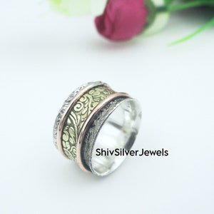 Sterling Silver Flower Spinner Ring: Two-Tone Fidget Anxiety Ring