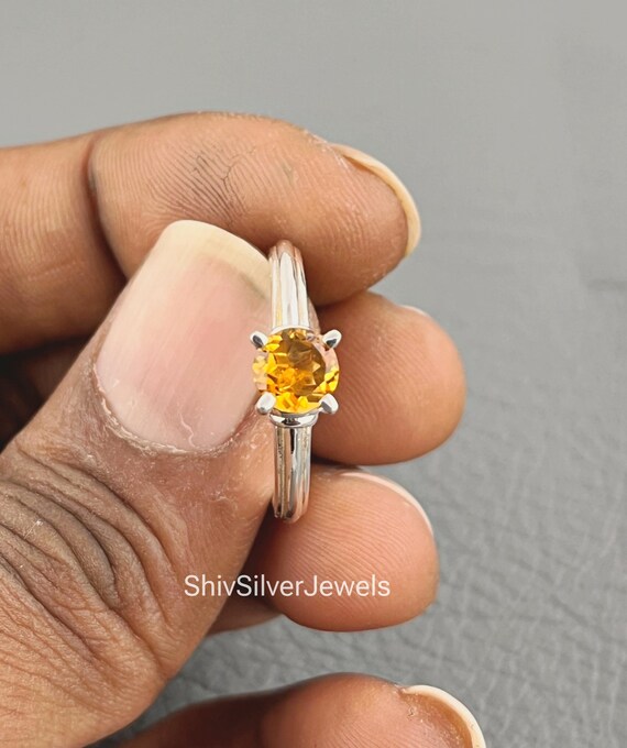 Bague Argent 925 Avec Citrine Taille Baguette - Taille 57 - Occasion