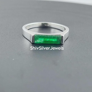 Natürliche Grüne Jade Baguette Edelstein Ring, Rechteckige Bar Rose Gold Sterling Silber Schmuck