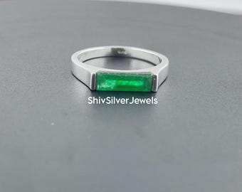 Natural Green Jade Baguette Gemstone Ring, Jewelry Gift For Her, Rectangular Bar Rose Gold Ring, Jade Green 925 Sterling Ring, Gift Ring