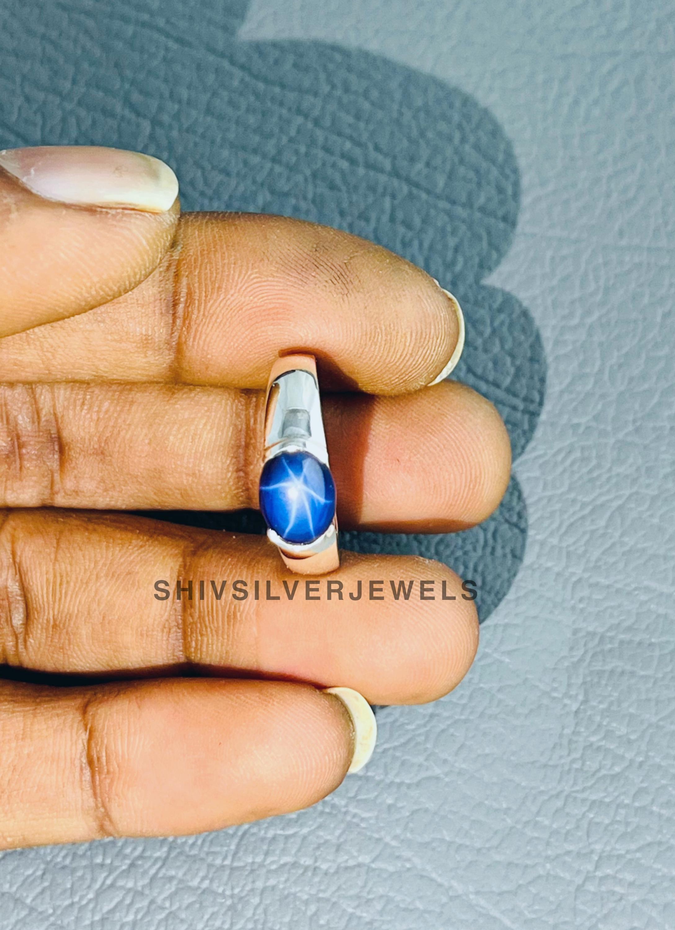 Bague En Argent Sterling 925 Avec Saphir étoile Bleu - Taille Ovale 7x5mm, Style Art Déco - Faite Main En Inde