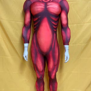 以下が含まれることがあります： 筋肉と骨格のデザインが施された赤とマルーンのボディスーツ。コスチュームはハイネックと長袖です。ボディスーツは白い手袋をはめたマネキンに展示されています。