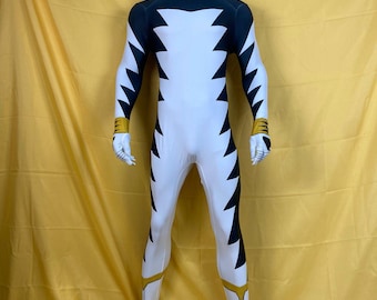 White Thunder Warrior Bodysuit – Lightning Spandex Lycra Jumpsuit, Custom Fit Cosplay Suit for Halloween