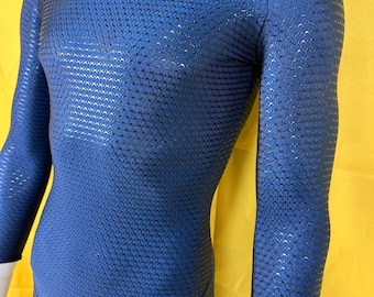 Blue Screen-Printed Superhero Bodysuit | Slightly Stretchy Thin Base Layer for Cosplay | DIY Undersuit