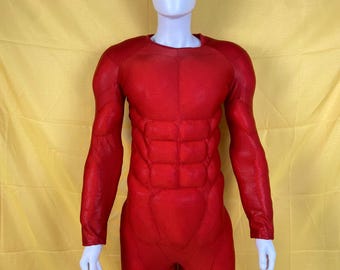 Red Muscle Padded Hex Print Lycra Bodysuit Superhero Cosplay Suit