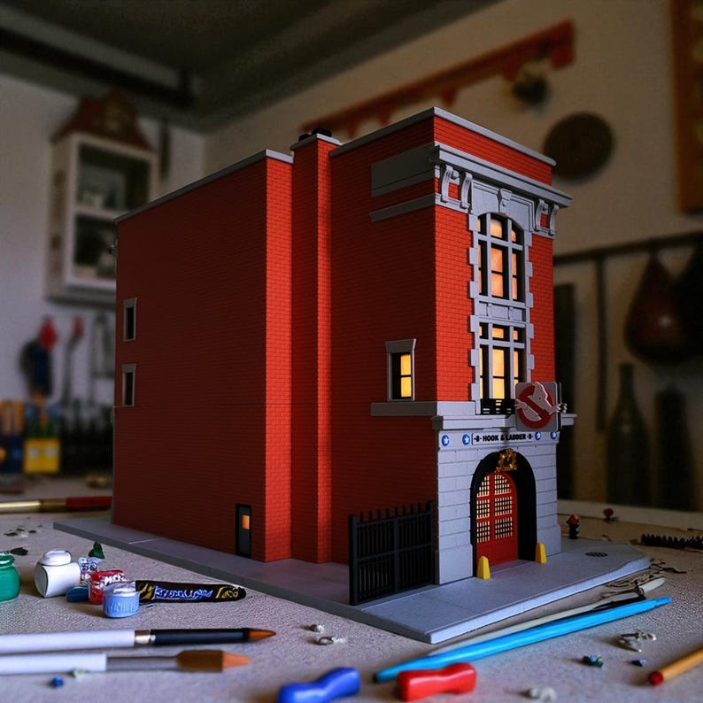 Op de afbeelding: Een miniatuur rood bakstenen gebouw met een grijze gevel en een rode deur. Het gebouw heeft een bord met de tekst "Hook & Ladder" en een Ghostbusters-logo. Penselen en verfbenodigdheden liggen rondom het gebouw.
