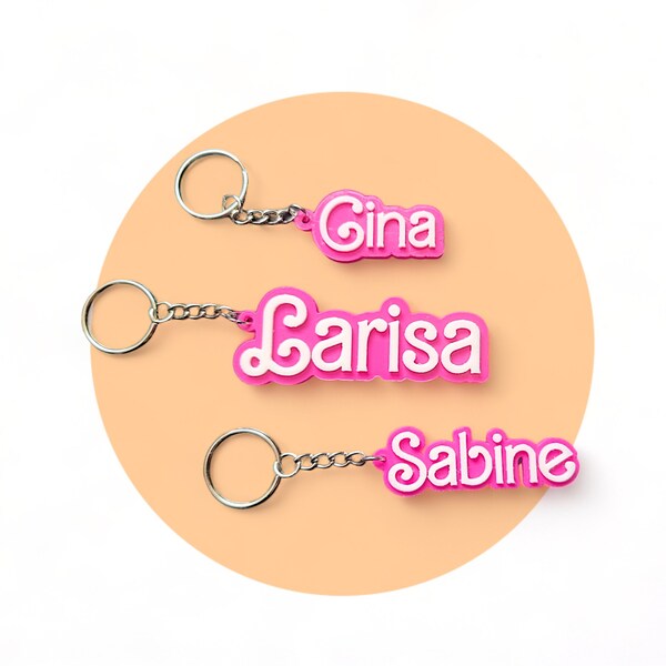 Roze popstijl gepersonaliseerde sleutelhanger, Barbie-themasleutelhanger, naam, autosleutel, tas, rugzak - 3D-0015