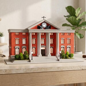 May include: A miniature replica of a brick building with white columns and a clock tower. The building has multiple lit windows and is set on a gray base. Green bushes and street lamps are in front of the building.