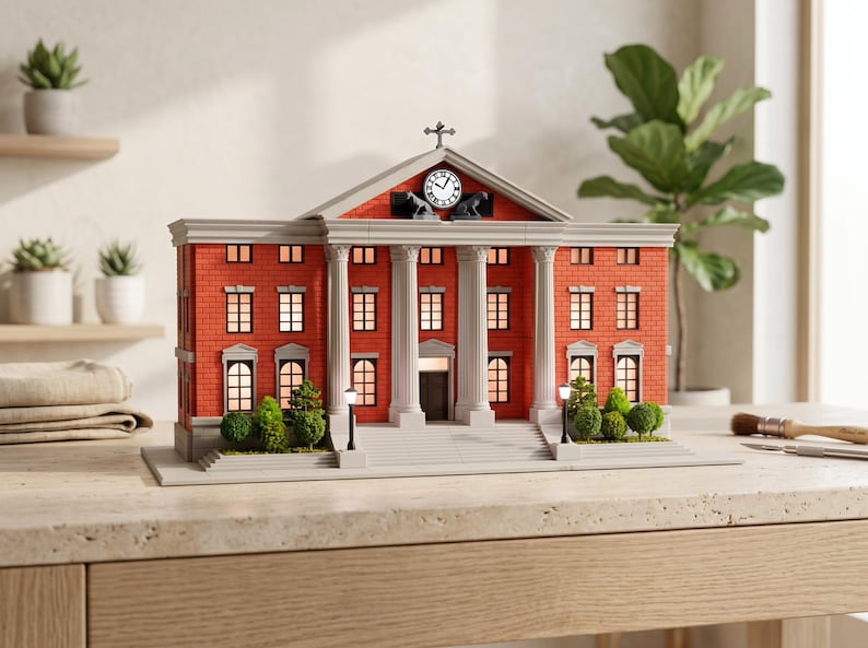 May include: A miniature replica of a brick building with white columns and a clock tower. The building has multiple lit windows and is set on a gray base. Green bushes and street lamps are in front of the building.