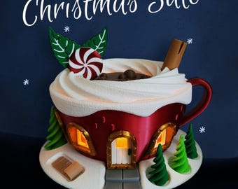 Christmas Fairy House Decoration - Hot Chocolate CUP, Christmas Village incl. LED Tealight 3D-0032