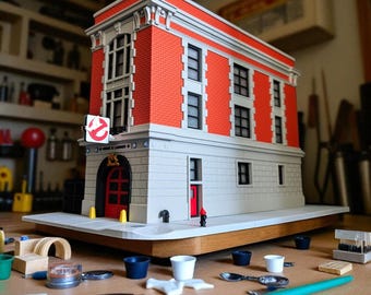 Diorama van een Amerikaanse brandweerkazerne in filmstijl – uit Ghostbusters – Modelbouwpakket Hook & Ladder 8 - 3D-print - HO 1:87 3D-0059a
