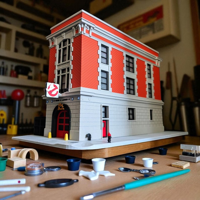 Op de afbeelding: Een gedetailleerd model van het Ghostbusters-hoofdkwartier, met een rode bakstenen gevel, witte afwerking en het Ghostbusters-logo. Het model bevat een rode deur, ramen en een bord met "Hook & Ladder".