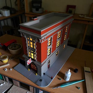 Op de afbeelding: Een gedetailleerd model van een gebouw met rode bakstenen muren, grijze afwerking en verlichte ramen. Het model bevat een bord met een rood-wit logo, dat lijkt op een fictieve brandweerkazerne. Het gebouw staat op een grijze basis.