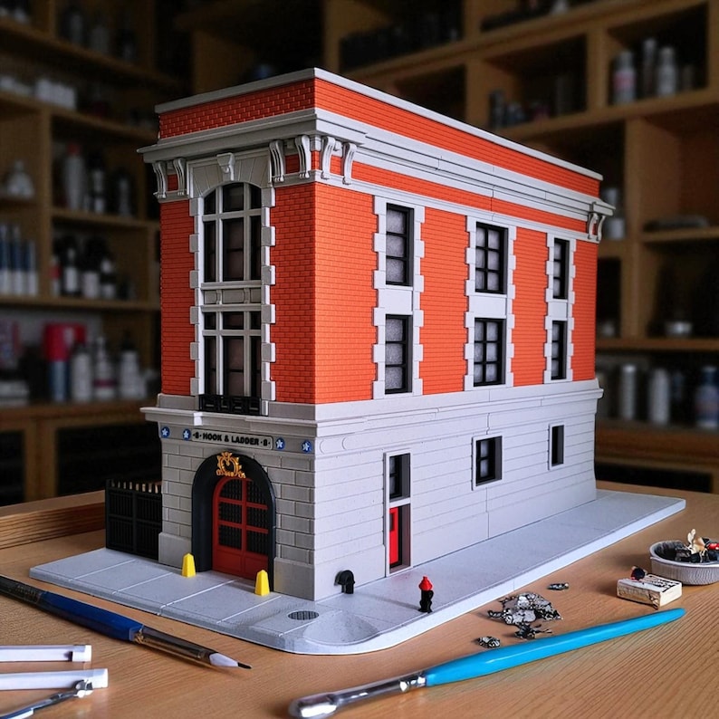 Op de afbeelding: Een gedetailleerd model van een bakstenen gebouw met een rode deur en de tekst "HOOK & LADDER 8". Het gebouw heeft meerdere ramen en een grijze basis. Penselen en kleine voorwerpen liggen op de tafel.