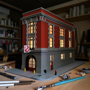 Op de afbeelding: Een gedetailleerd model van het Ghostbusters-hoofdkwartier, met een rode bakstenen gevel, een grijze stenen basis en verlichte ramen. Het gebouw heeft een bord met het Ghostbusters-logo en de tekst "HOOK & LADDER".