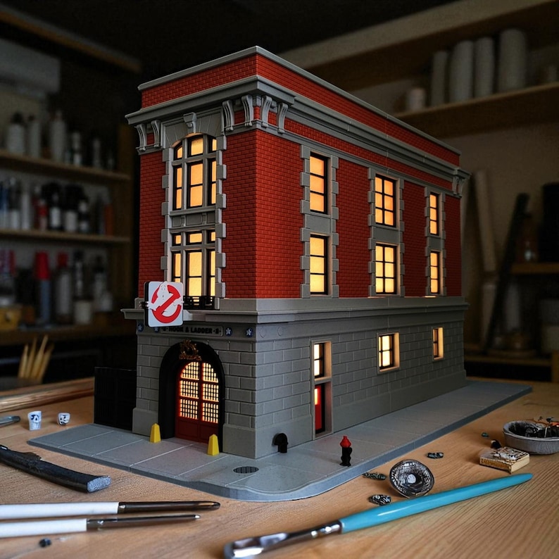 Op de afbeelding: Een gedetailleerd model van het Ghostbusters-hoofdkwartier, met een rode bakstenen gevel, een grijze stenen basis en verlichte ramen. Het gebouw heeft een bord met het Ghostbusters-logo en de tekst "HOOK & LADDER".