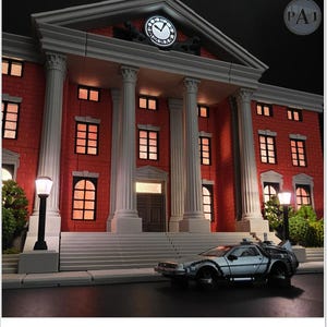 May include: A detailed model of the Hill Valley Courthouse from Back to the Future, featuring a glowing clock tower and a silver DeLorean time machine. The building is red brick with white columns and windows. The scene is set at night.