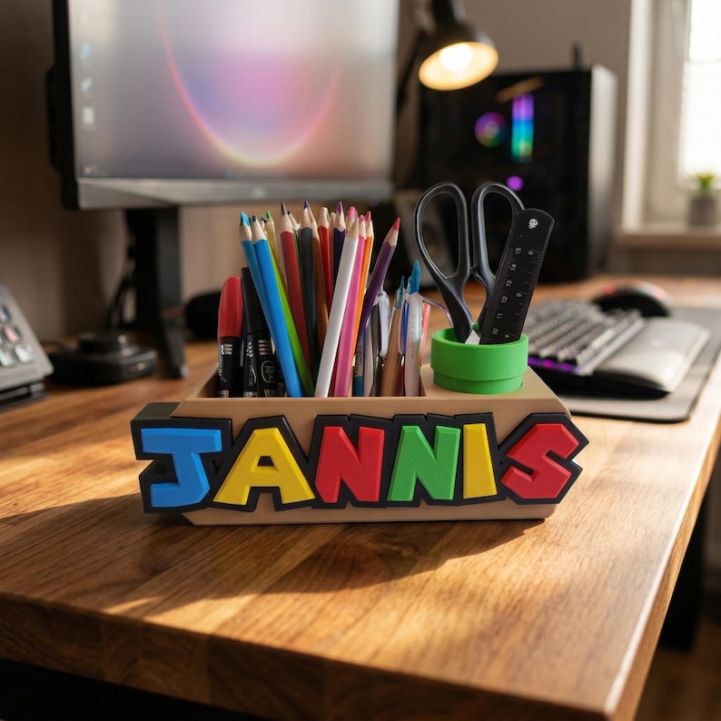 Organiseur de bureau Mario personnalisé avec nom | Cadeau pour gamer | Décoration de bureau | Configuration gaming | Porte-stylo personnalisé image 2