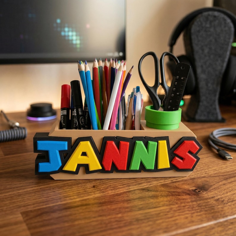 Organiseur de bureau Mario personnalisé avec nom | Cadeau pour gamer | Décoration de bureau | Configuration gaming | Porte-stylo personnalisé image 3