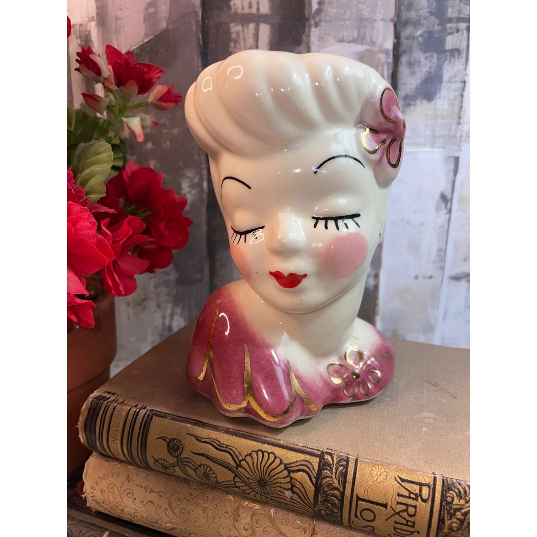 Vintage Glamour Girl Lady Head Vase Burgundy Gold Trim Etsy