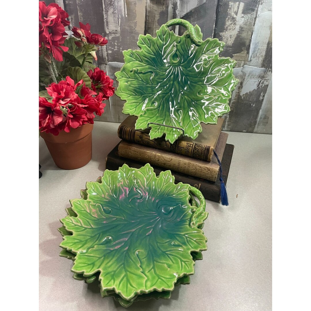 Set Vintage Majolica Leaf Salad Plates Green Blue Drip Glaze Etsy