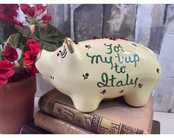 Pinto Products Vintage Ceramic Piggy Bank Hand Painted Italy Trip Jeweled USA