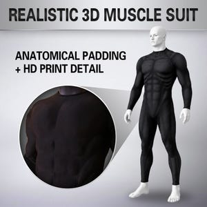 Könnte beinhalten: Ein schwarzer Ganzkörperanzug mit anatomischer Polsterung und HD-Druckdetails zur Simulation von Muskeldefinition. Der Text REALISTIC 3D MUSCLE SUIT und ANATOMICAL PADDING + HD PRINT DETAIL erscheint über einer Nahaufnahme des Brustbereichs.