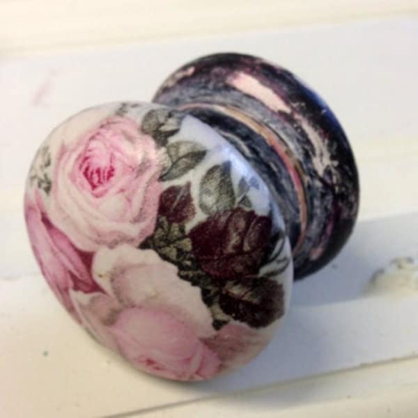 Lovely aged romantic shabby chic pink rose buds vintage retro black distressed Victorian  cupboard knob handle drawer pull dressing table