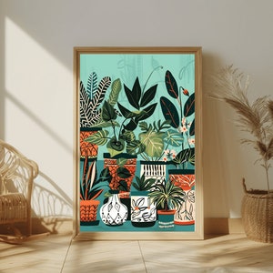 May include: A colorful illustration of potted plants in various styles and colors. The plants are arranged in a row, with the largest plant in the back and the smallest plant in the front. The background is a light blue color.